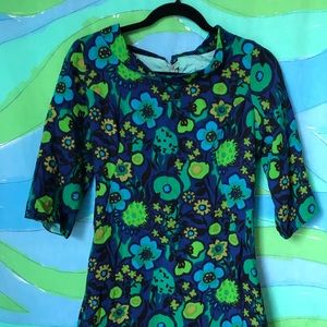 VINTAGE 60s green blue floral mod mini dress